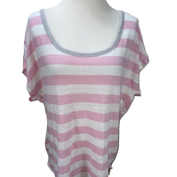 Joie 100% Linen Striped Oversized Pink White Knit Top Stretch XL T-Shirt Tee - Picture 2 of 9
